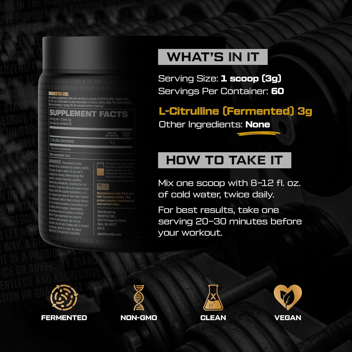 Citrulline Nitric Oxide Pre Workout Supplement, Vegan & Unflavored - 60 Servings