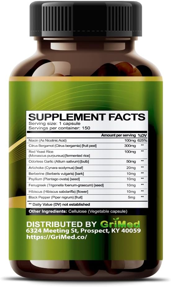 Citrus Bergamot 50:1 Extract Capsules with Red Yeast Rice, Garlic, and Artichoke - Supports Healthy Cholesterol and Heart Health - 150 Count - Made in USA