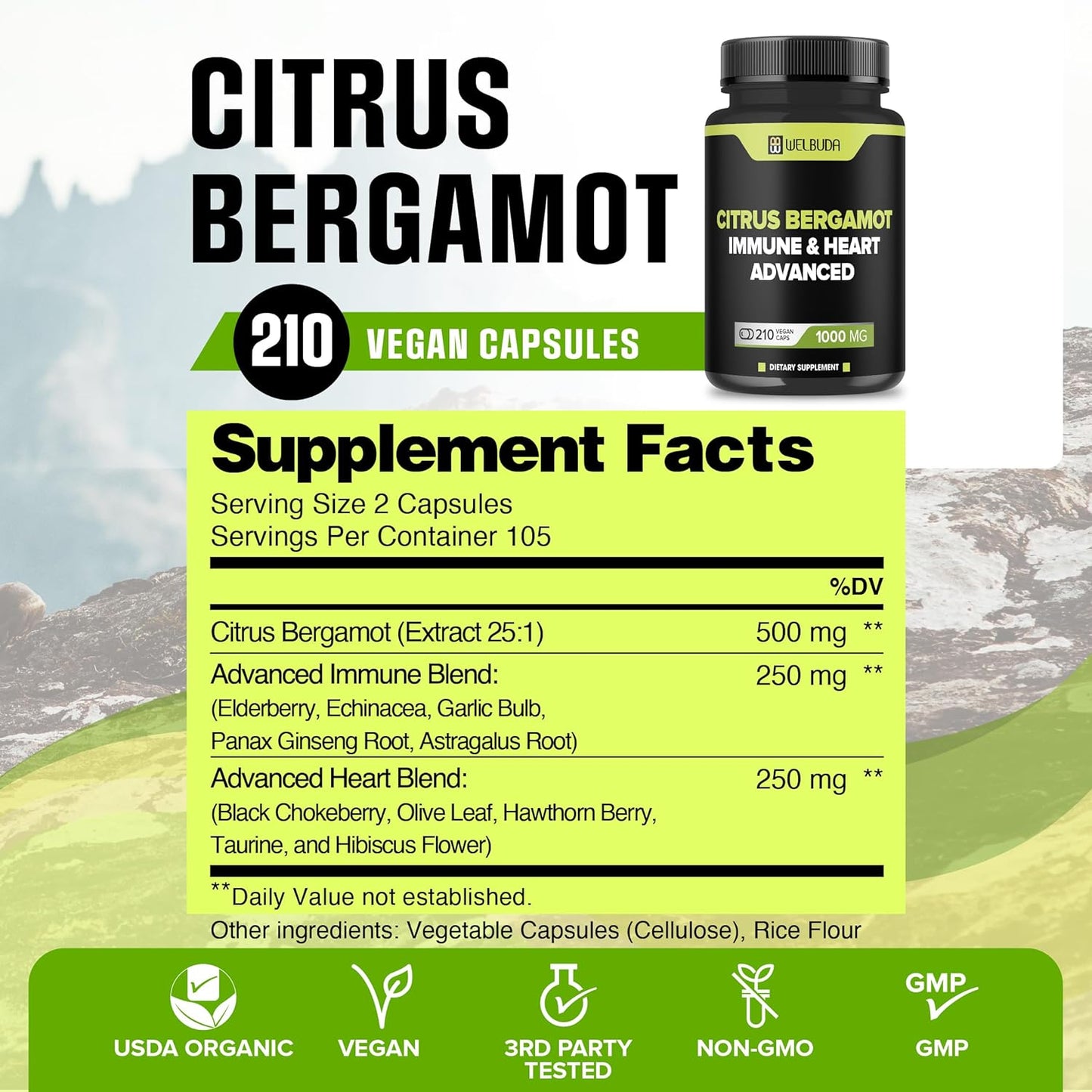 Citrus Bergamot Extract Capsules with Olive Leaf & Hawthorn Berry - Immunity, Circulation, Skin Health Support