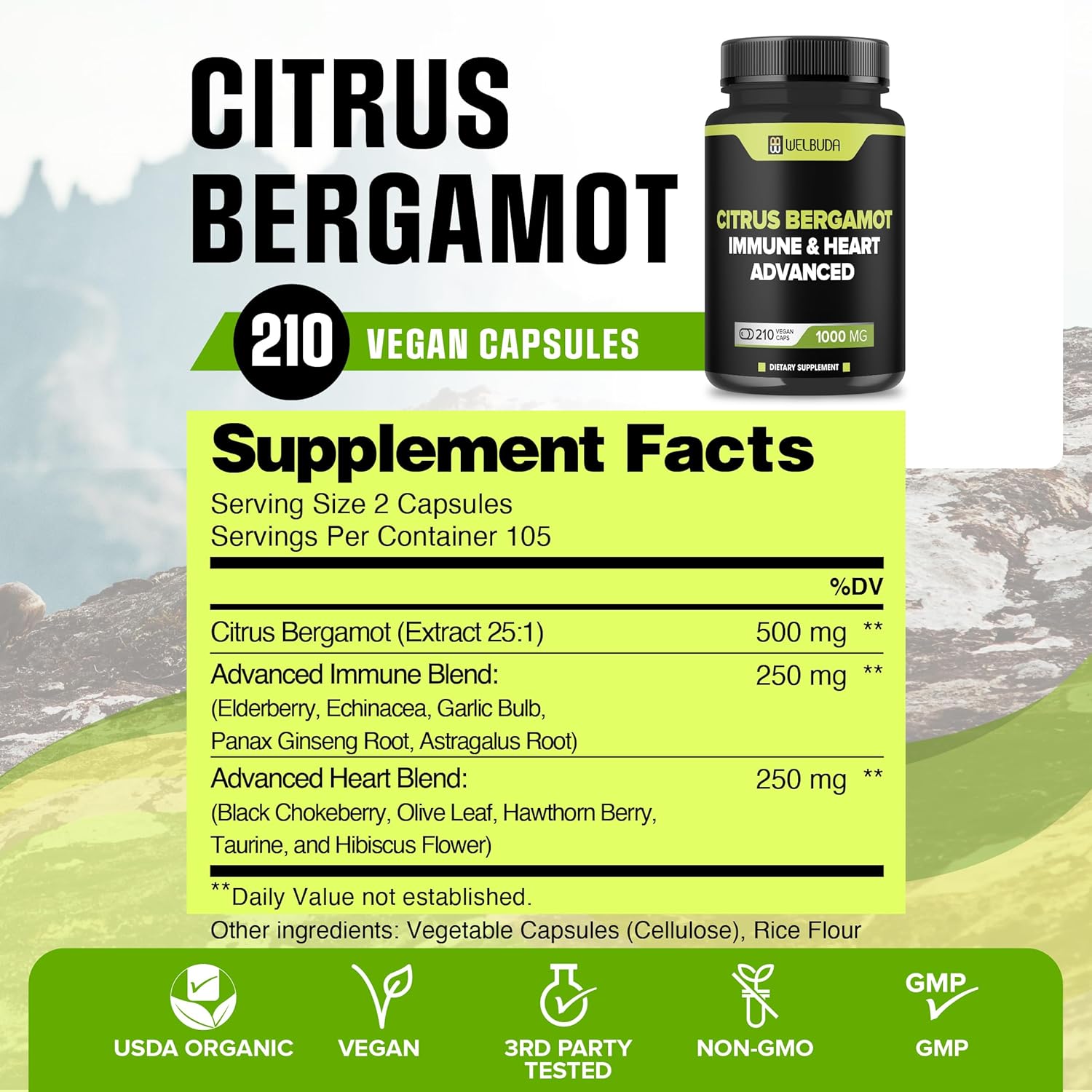 Citrus Bergamot Extract Capsules with Olive Leaf & Hawthorn Berry - Immunity, Circulation, Skin Health Support