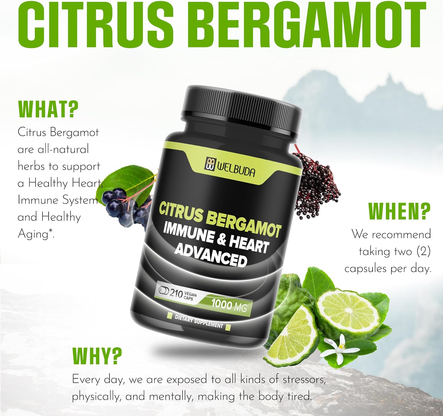 Citrus Bergamot Extract Capsules with Olive Leaf & Hawthorn Berry - Immunity, Circulation, Skin Health Support