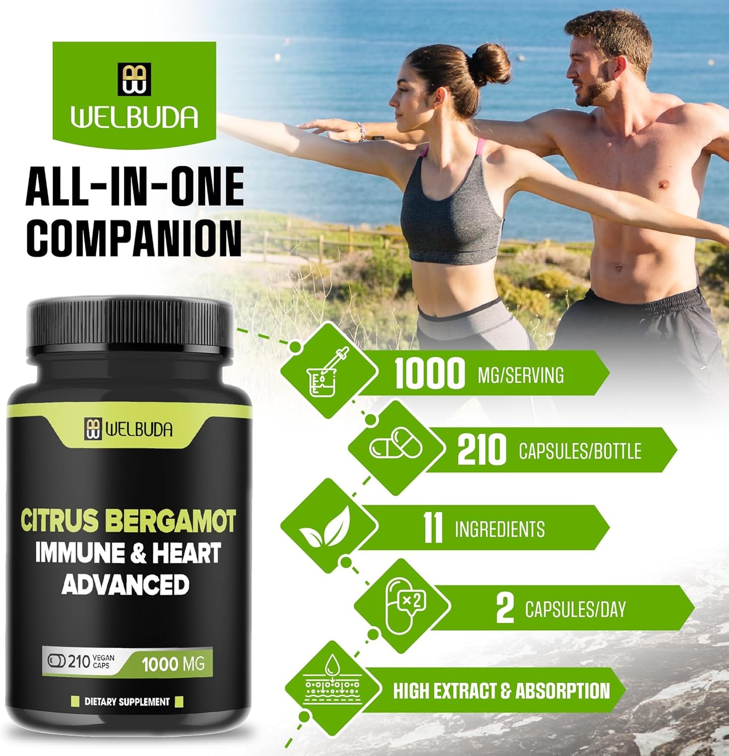 Citrus Bergamot Extract Capsules with Olive Leaf & Hawthorn Berry - Immunity, Circulation, Skin Health Support