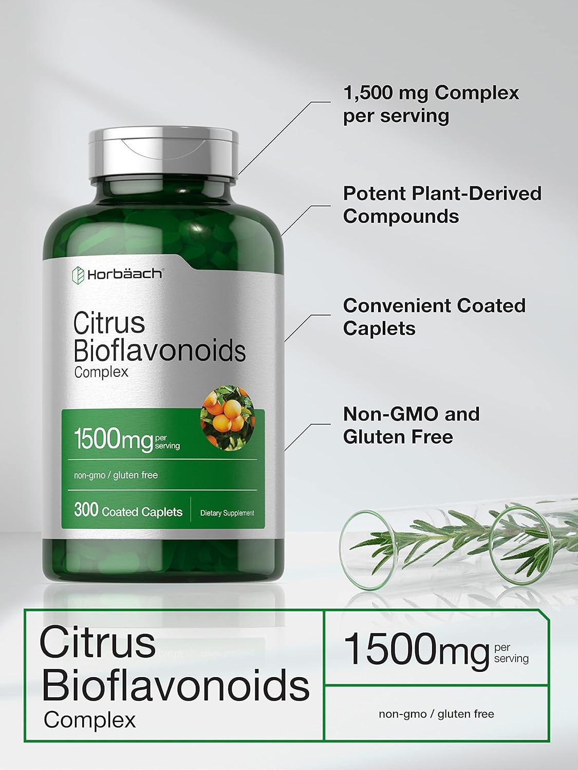 Citrus Bioflavonoids Supplement 1500mg - 300 Caplets - Vegetarian, Non-GMO, Gluten Free - Value Size by Horbäach