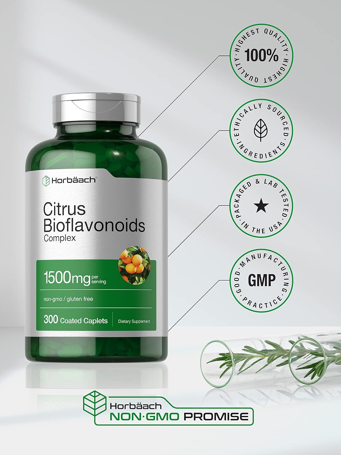 Citrus Bioflavonoids Supplement 1500mg - 300 Caplets - Vegetarian, Non-GMO, Gluten Free - Value Size by Horbäach