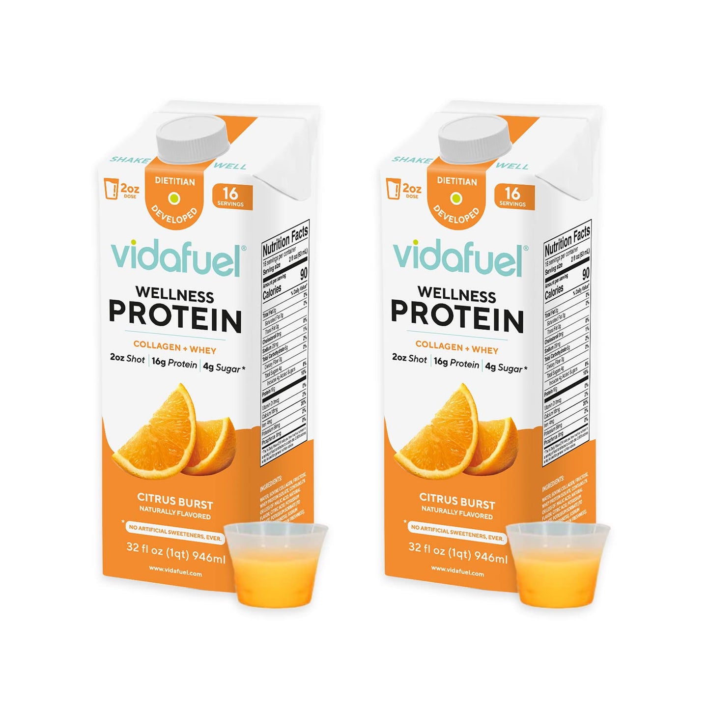 Citrus Collagen and Whey Protein Drink, 32 fl oz Carton, 2 Pack, 16g Protein per 2oz Shot, No Artificial Sweeteners