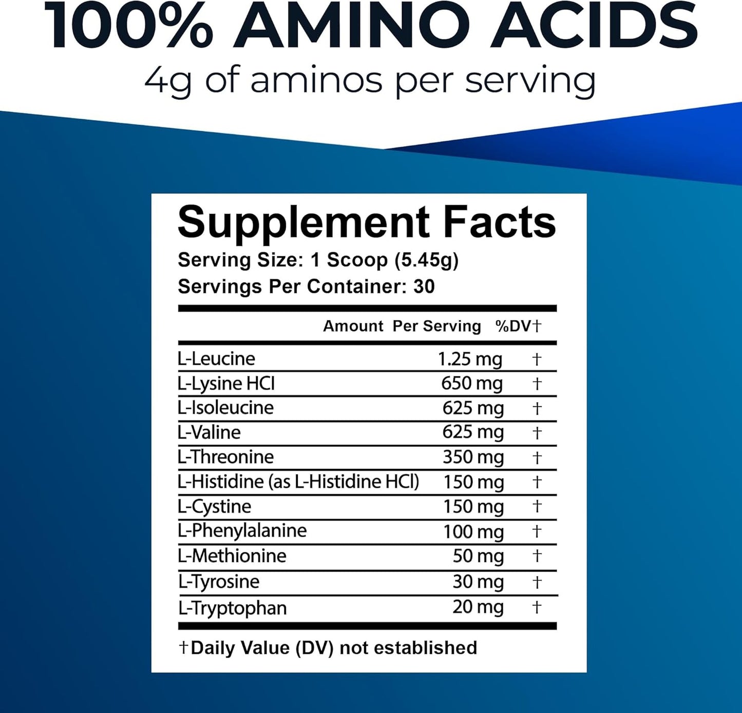 Citrus Flavored Amino Complex Supplement - 30 Servings of 4g - All Essential Amino Acids - Ideal for Energy & Muscle Recovery - Women & Men