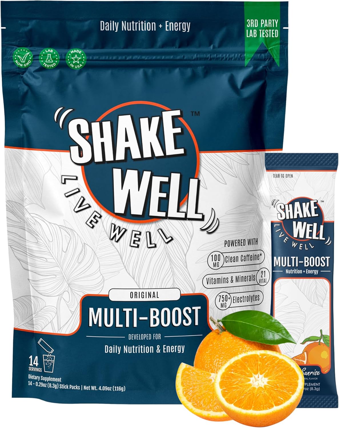Citrus Sunrise Shake Well Clean Energy Drink Mix for All-Day Focus and Cortisol Protection - 14 Count