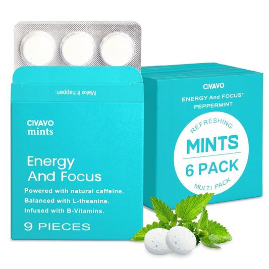 CIVAVO Energy Mint with Caffeine, L-Theanine, Vitamin B12 & B6 - 54 Pieces Vegan-Friendly for Focus and Energy Boost