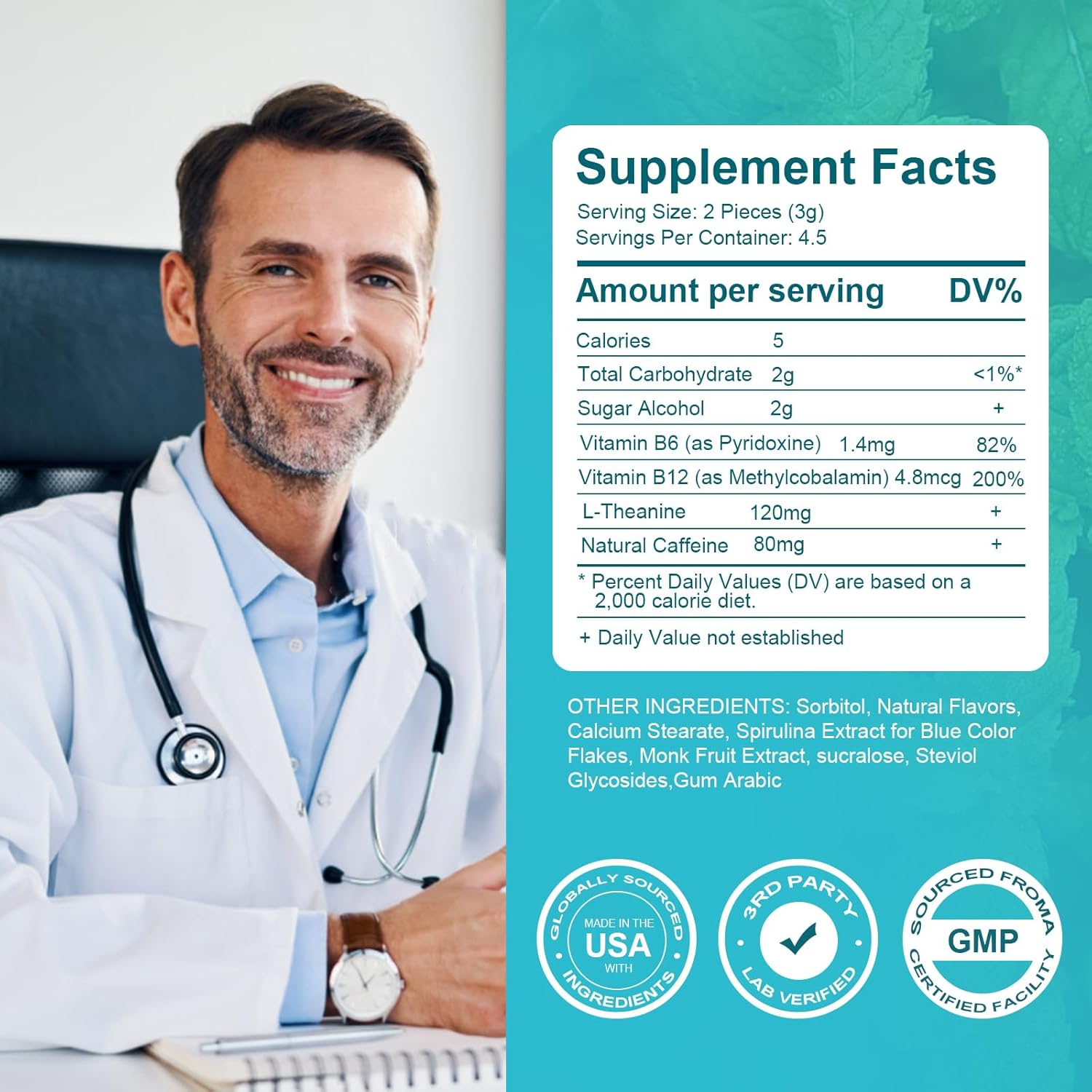 CIVAVO Energy Mint with Caffeine, L-Theanine, Vitamin B12 & B6 - 54 Pieces Vegan-Friendly for Focus and Energy Boost