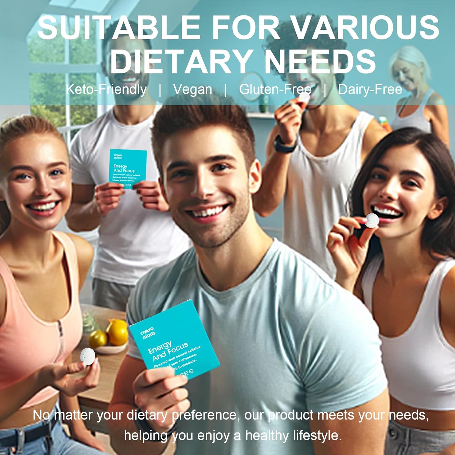 CIVAVO Energy Mint with Caffeine, L-Theanine, Vitamin B12 & B6 - 54 Pieces Vegan-Friendly for Focus and Energy Boost