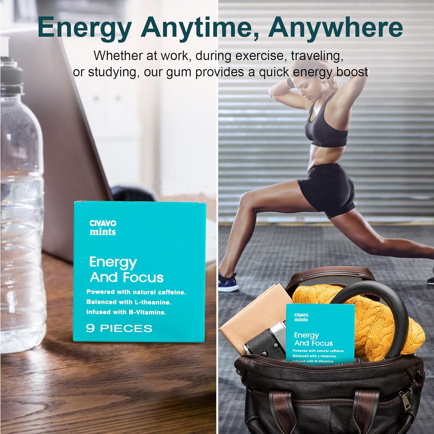 CIVAVO Energy Mint with Caffeine, L-Theanine, Vitamin B12 & B6 - 54 Pieces Vegan-Friendly for Focus and Energy Boost