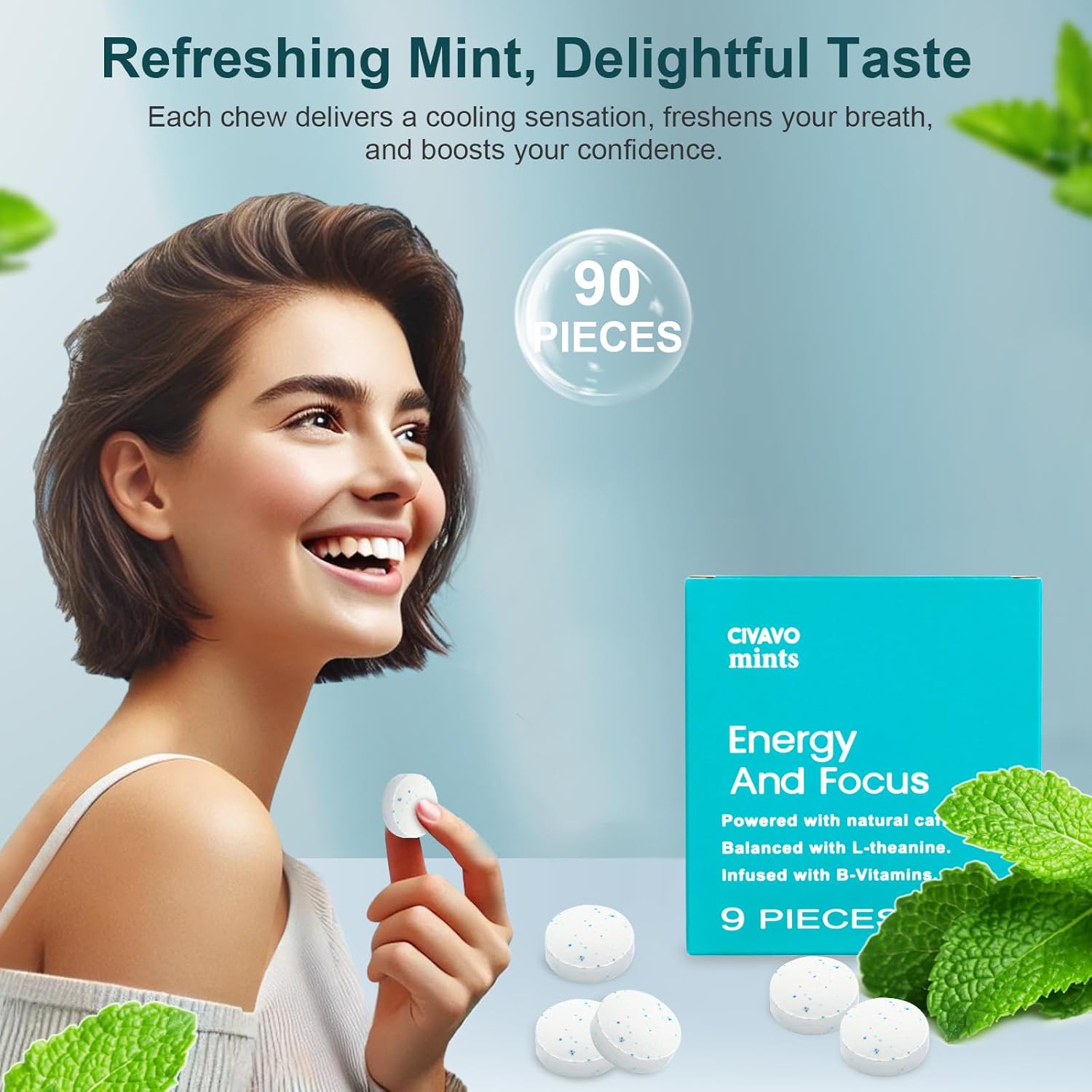 CIVAVO Energy Mint with Caffeine, L-Theanine, Vitamin B12 & B6 - 54 Pieces Vegan-Friendly for Focus and Energy Boost