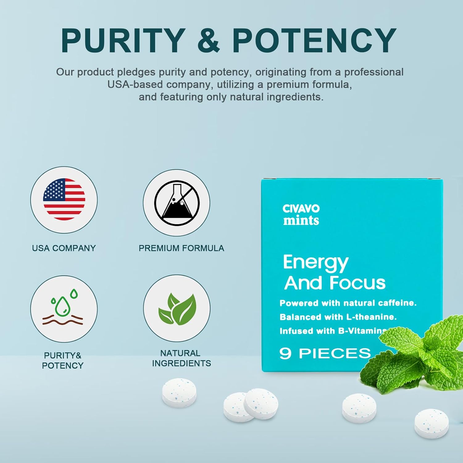 CIVAVO Energy Mint with Caffeine, L-Theanine, Vitamin B12 & B6 - 54 Pieces Vegan-Friendly for Focus and Energy Boost
