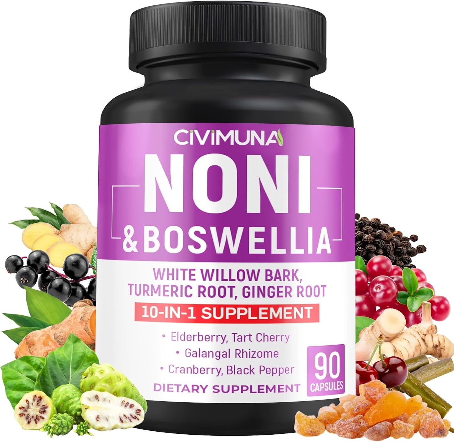 CIVIMUNA Noni Capsules with Boswellia, White Willow Bark, Turmeric, Ginger Root - 90 Capsules for 3 Months