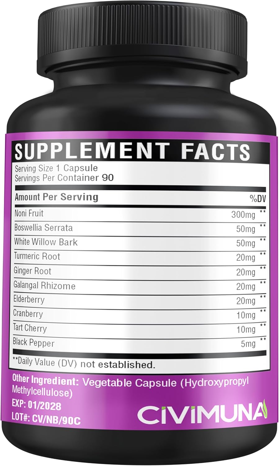 CIVIMUNA Noni Capsules with Boswellia, White Willow Bark, Turmeric, Ginger Root - 90 Capsules for 3 Months