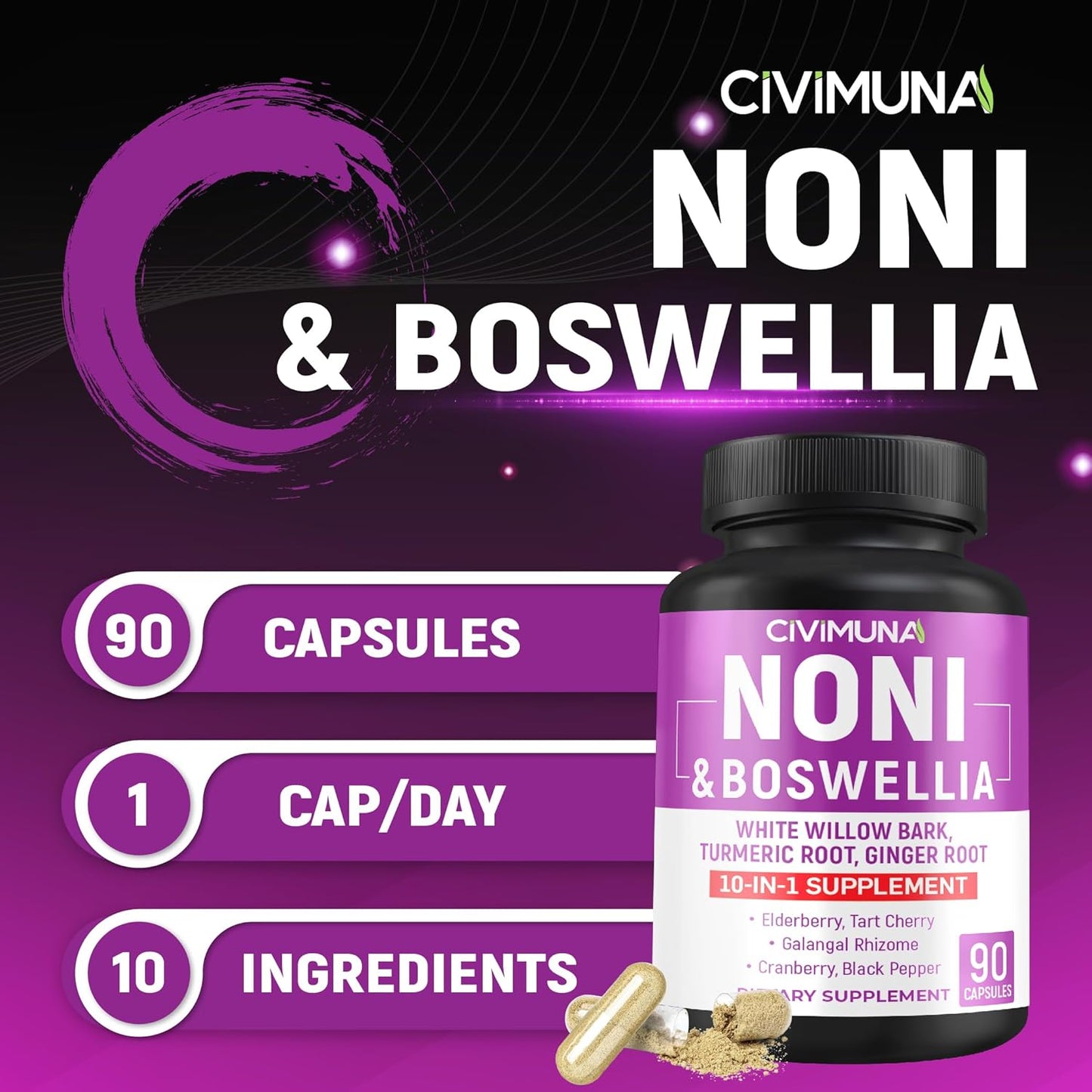 CIVIMUNA Noni Capsules with Boswellia, White Willow Bark, Turmeric, Ginger Root - 90 Capsules for 3 Months
