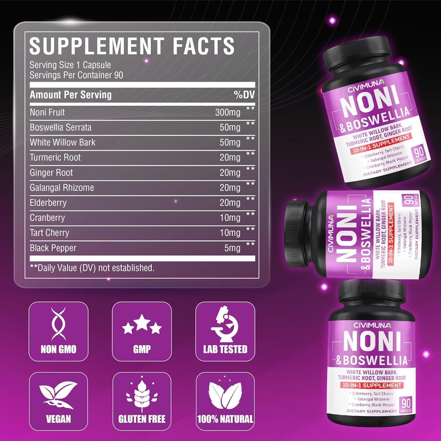 CIVIMUNA Noni Capsules with Boswellia, White Willow Bark, Turmeric, Ginger Root - 90 Capsules for 3 Months