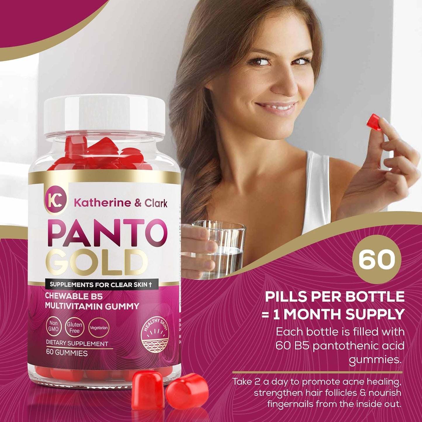 Clark & Katherine Pantothenic Acid Gummies for Acne, Hair, Skin & Nails - Biotin, Zinc, Folic Acid - Non-GMO, Gluten-Free Chewables - 60 Count
