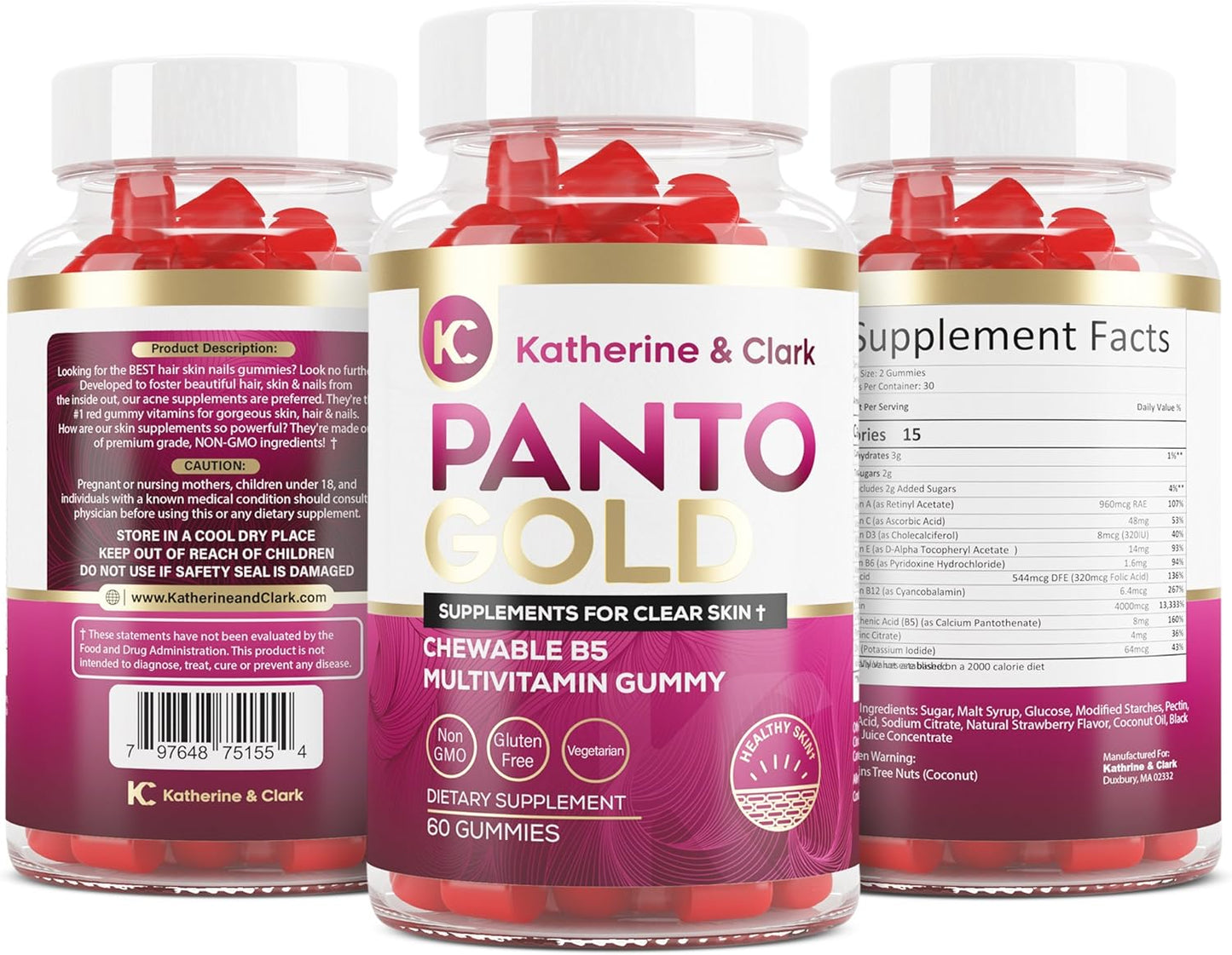 Clark & Katherine Pantothenic Acid Gummies for Acne, Hair, Skin & Nails - Biotin, Zinc, Folic Acid - Non-GMO, Gluten-Free Chewables - 60 Count
