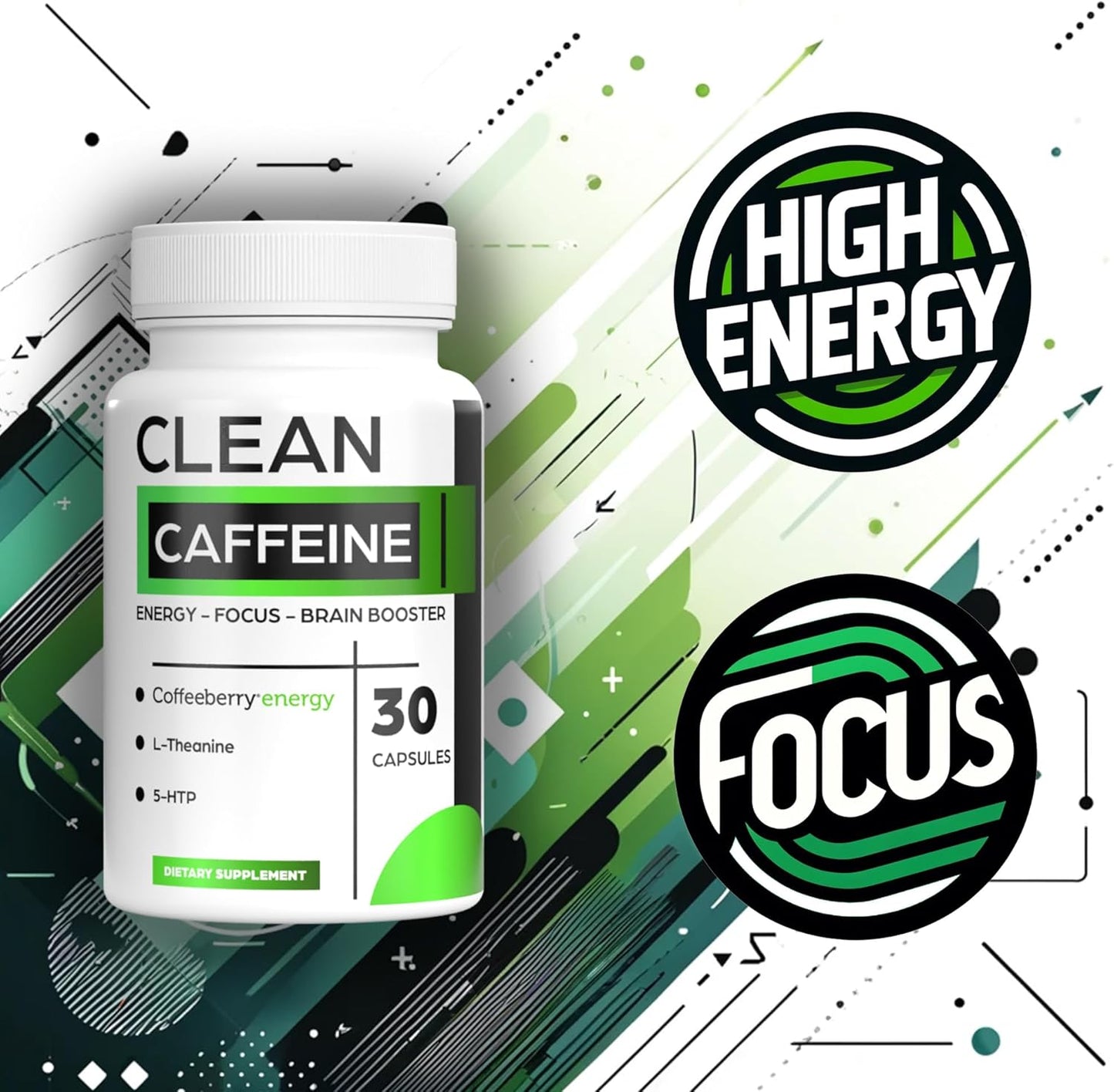 Clean Energy Caffeine Pills with Coffeeberry Extract - No Jitters - 30 Day Supply