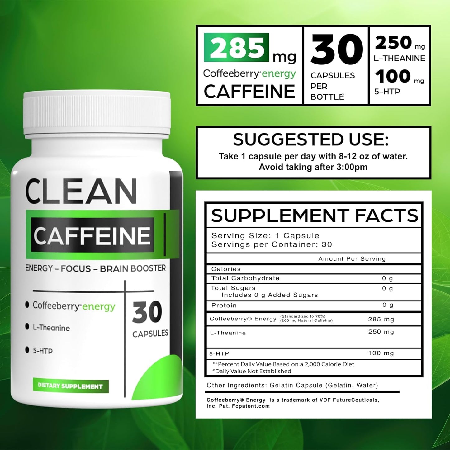 Clean Energy Caffeine Pills with Coffeeberry Extract - No Jitters - 30 Day Supply