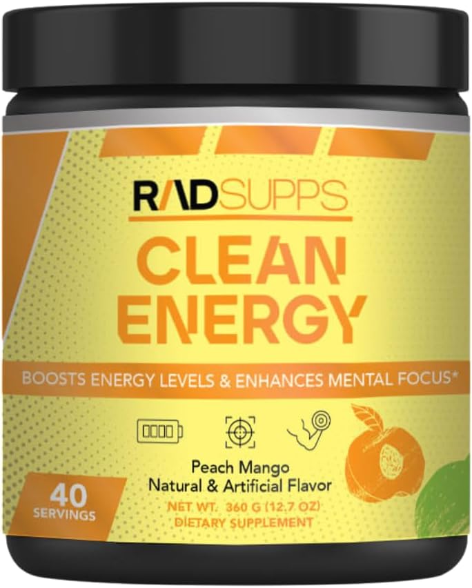 Clean Energy Pre Workout Powder with BCAAs Amino Acids - Energy Drink for Men & Women, Focus Booster - 40 Servings, Peach Mango Flavor
