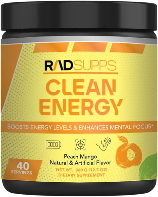 Clean Energy Pre Workout Powder with BCAAs Amino Acids - Energy Drink for Men & Women, Focus Booster - 40 Servings, Peach Mango Flavor
