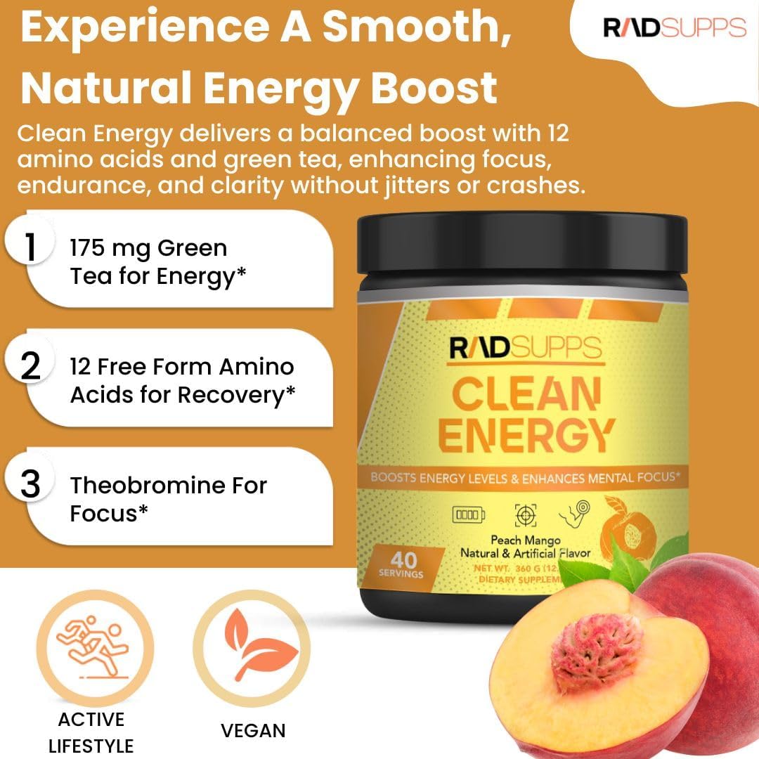Clean Energy Pre Workout Powder with BCAAs Amino Acids - Energy Drink for Men & Women, Focus Booster - 40 Servings, Peach Mango Flavor