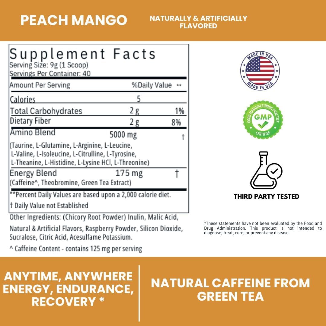 Clean Energy Pre Workout Powder with BCAAs Amino Acids - Energy Drink for Men & Women, Focus Booster - 40 Servings, Peach Mango Flavor