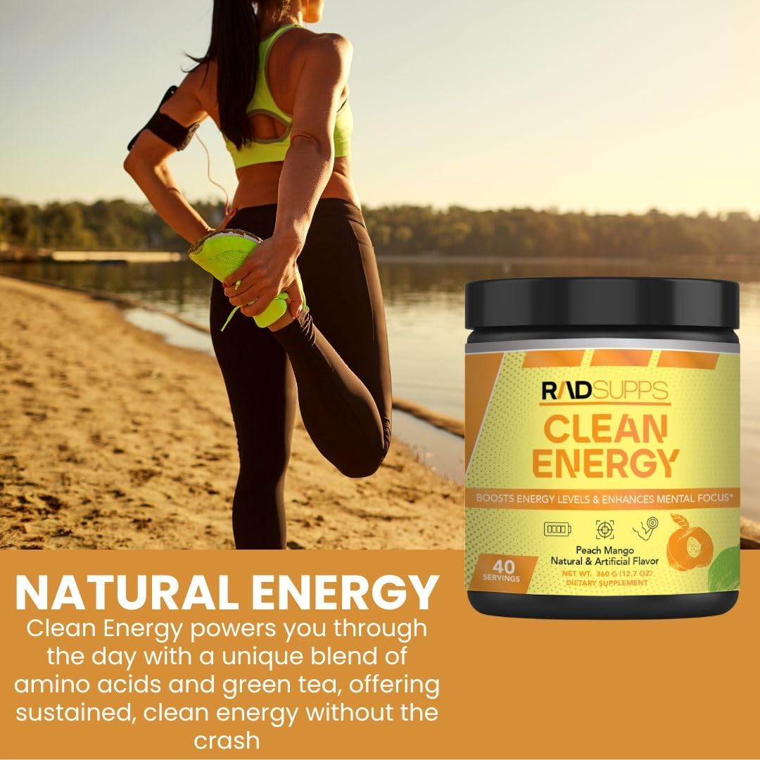 Clean Energy Pre Workout Powder with BCAAs Amino Acids - Energy Drink for Men & Women, Focus Booster - 40 Servings, Peach Mango Flavor