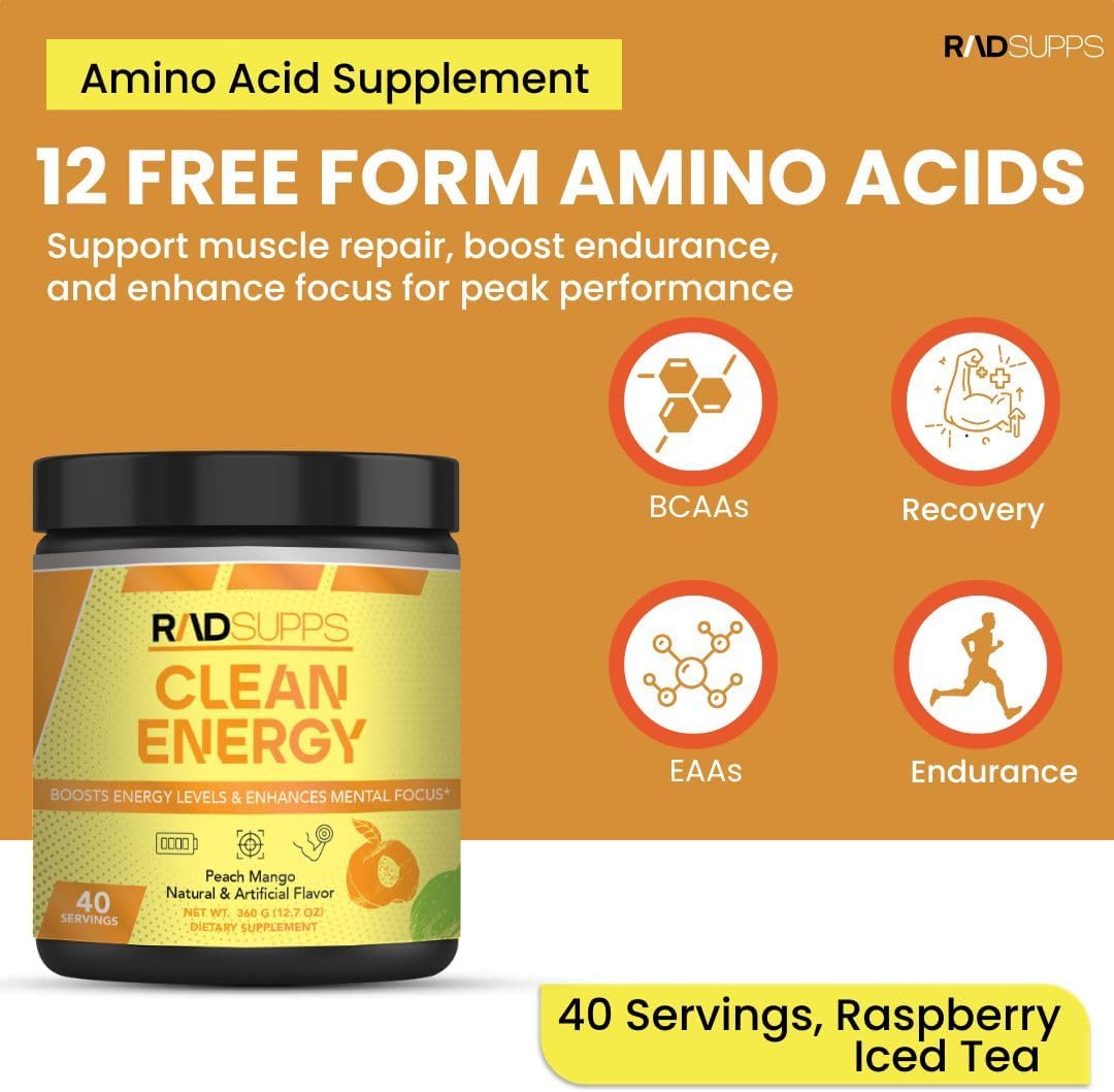 Clean Energy Pre Workout Powder with BCAAs Amino Acids - Energy Drink for Men & Women, Focus Booster - 40 Servings, Peach Mango Flavor