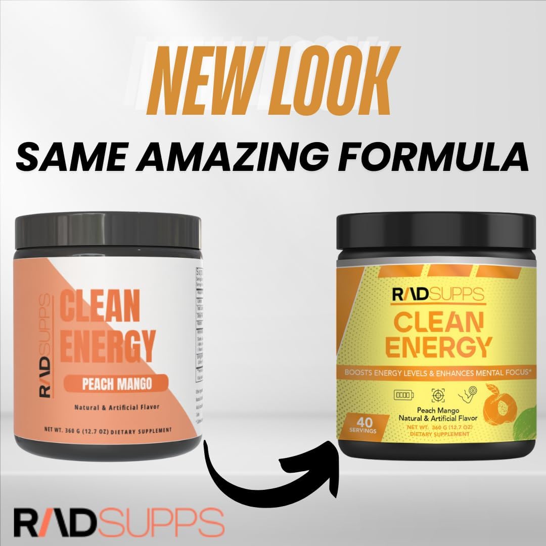 Clean Energy Pre Workout Powder with BCAAs Amino Acids - Energy Drink for Men & Women, Focus Booster - 40 Servings, Peach Mango Flavor