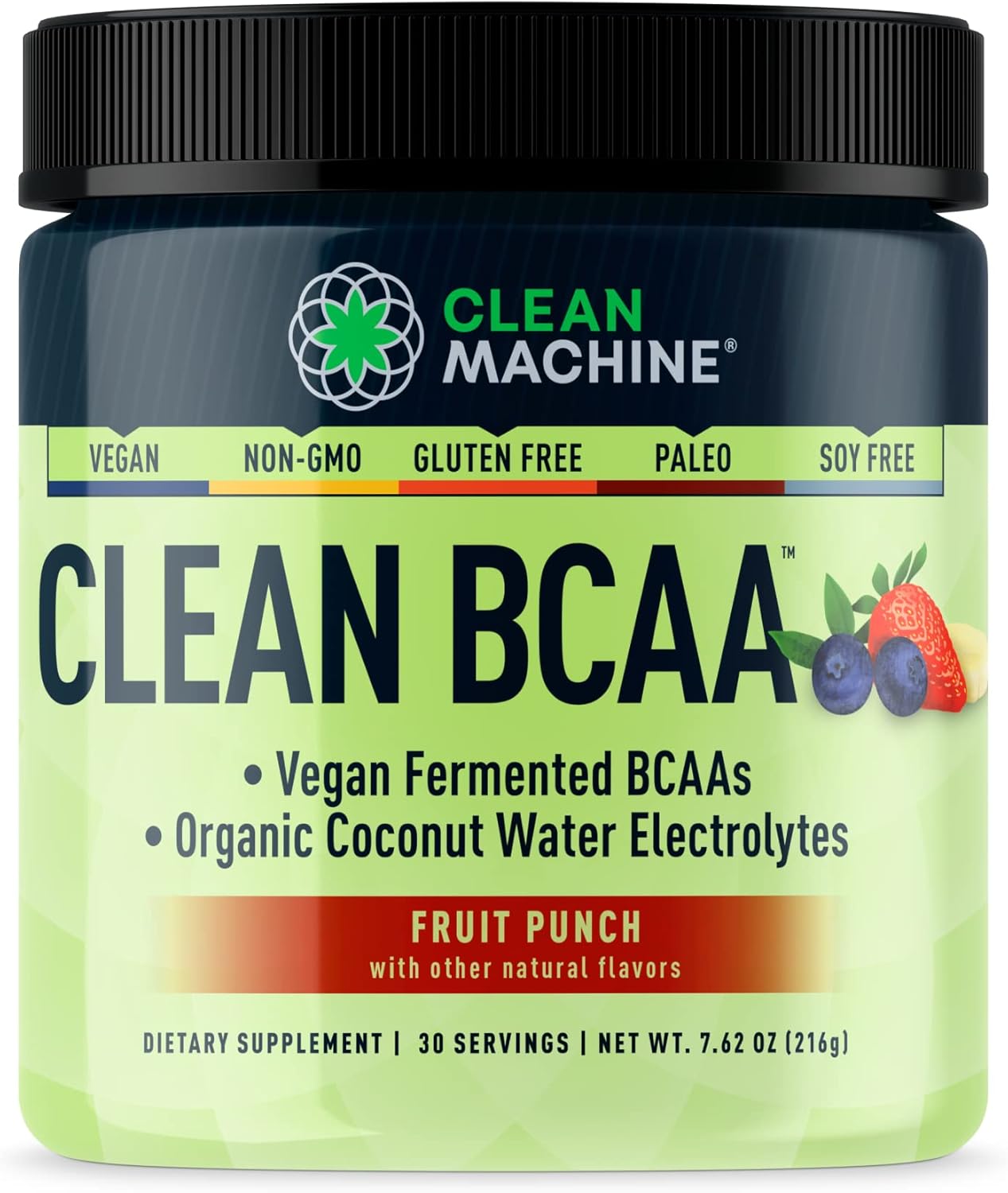 CLEAN MACHINE Clean BCAA Powder with Food Sourced BCAAs & Coconut Water Electrolytes - Vegan Recovery & Energy Supplement - Fruit Punch Flavor, 30 Servings