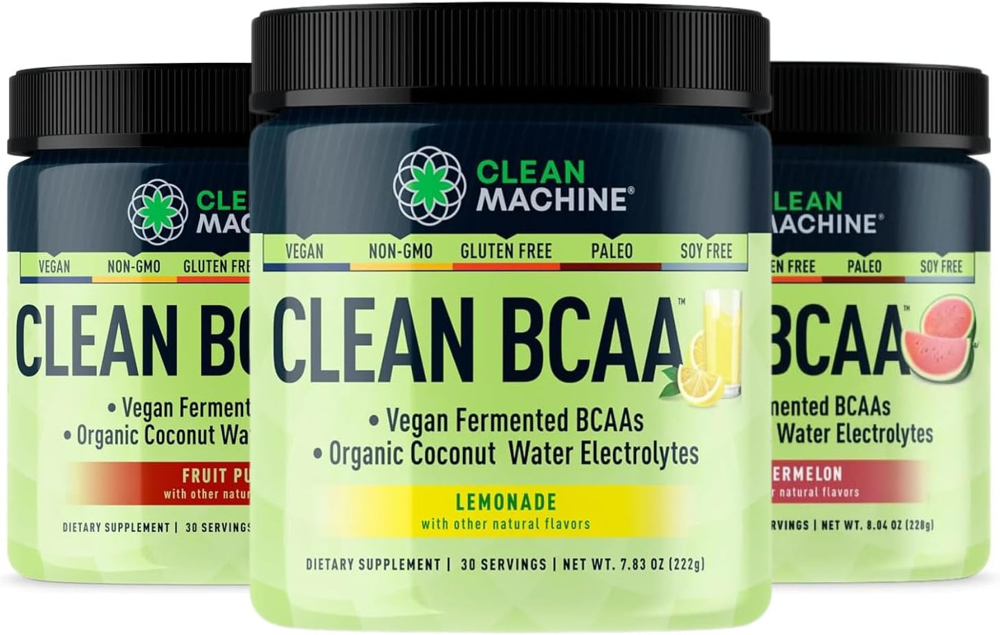 Clean Machine Clean BCAA Powder with Food Sourced BCAAs & Coconut Water Electrolytes - Vegan Amino Acid Supplement - 90 Servings, 3 Pack Variety Pack