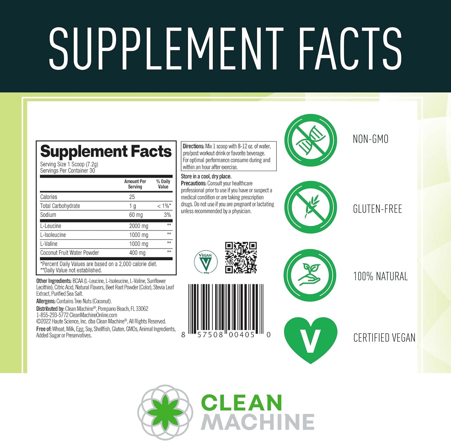 CLEAN MACHINE Clean BCAA Powder with Food Sourced BCAAs & Coconut Water Electrolytes - Vegan Recovery & Energy Supplement - Fruit Punch Flavor, 30 Servings