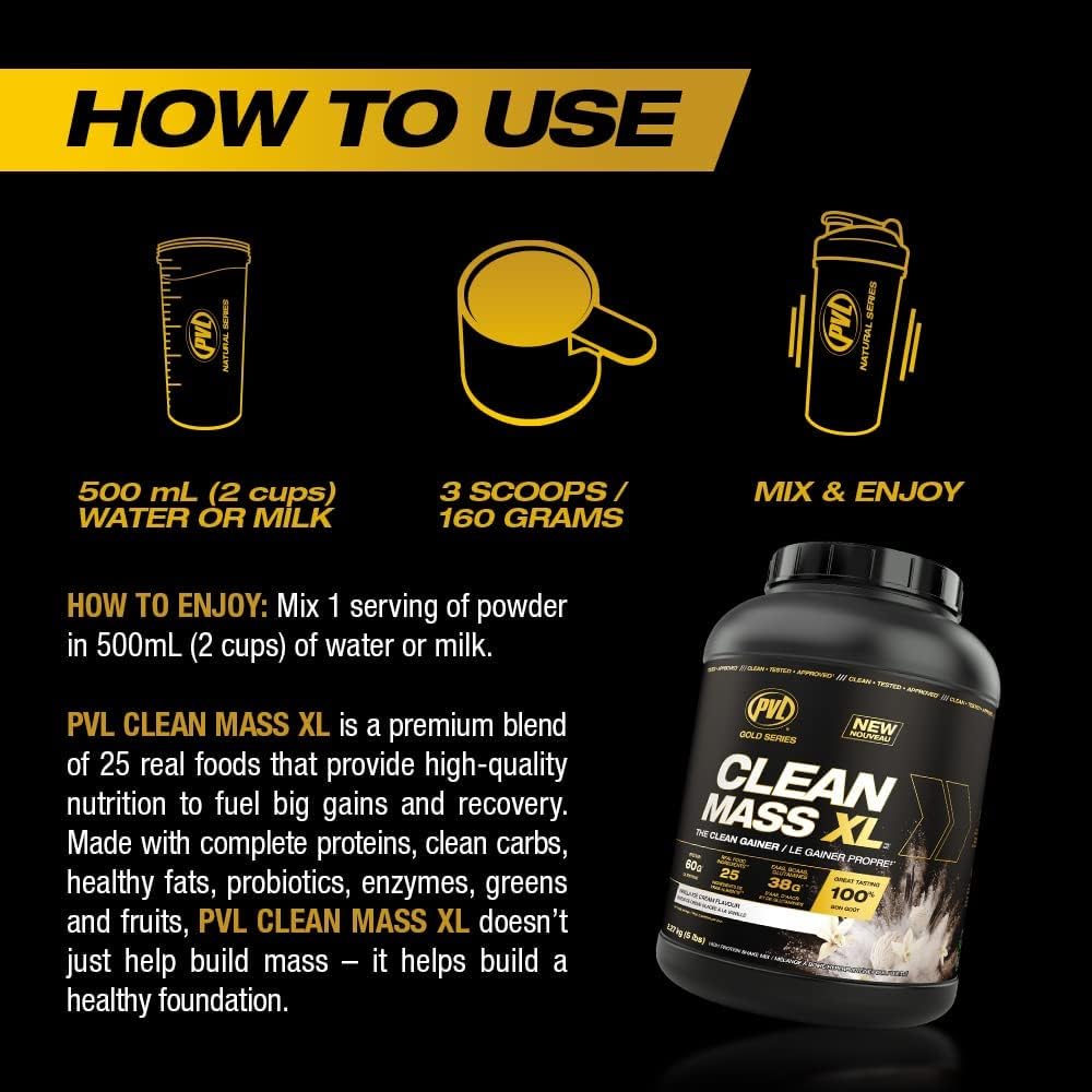 Clean Mass XL - Vanilla Ice Cream Flavor - 10 LB - PVL Gold Series - Muscle Gainer