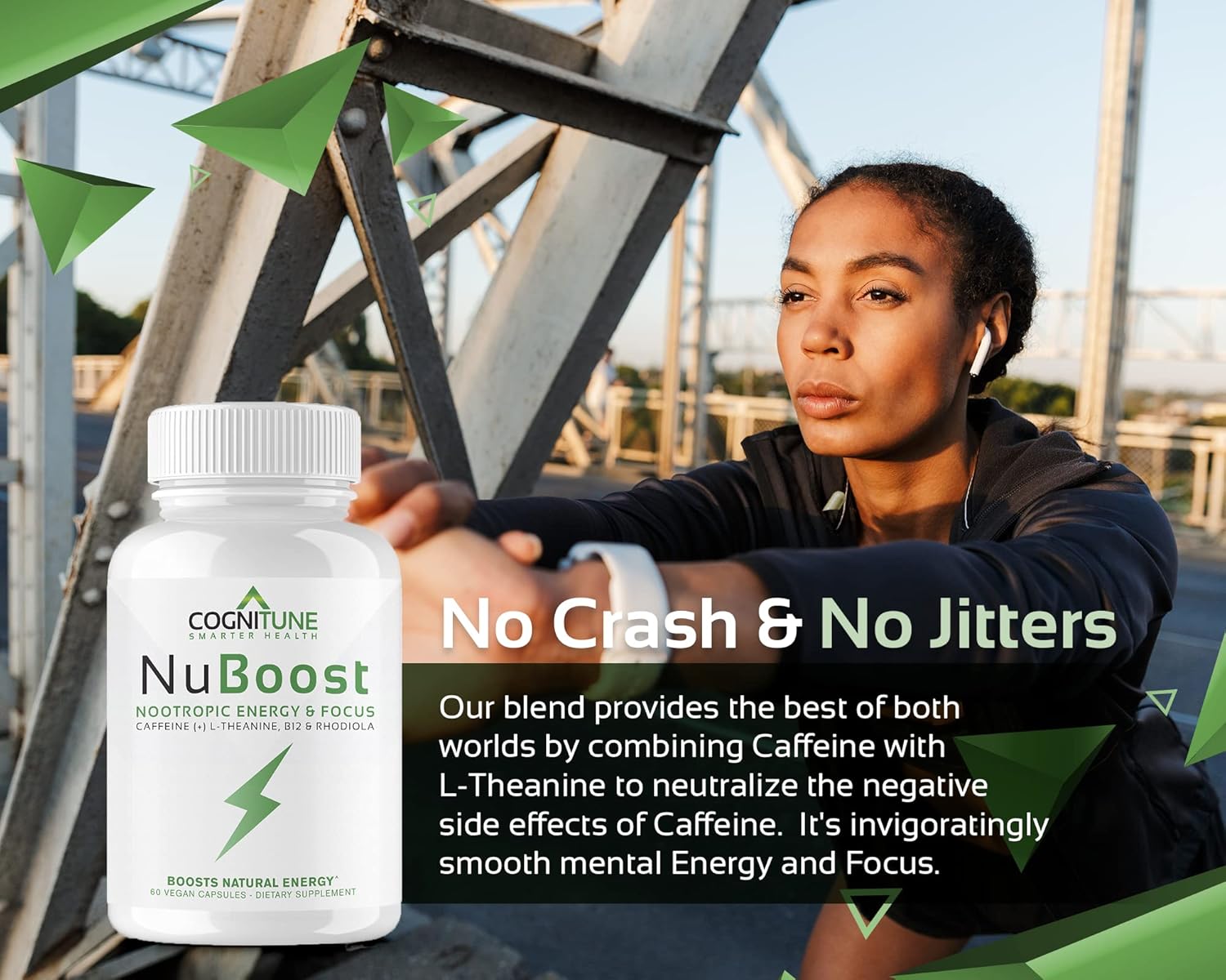 Clean Nootropic Brain Booster - Energy & Focus Supplement with Caffeine, L-Theanine, Vitamin B12, Rhodiola & BioPerine for No Crash, Jitter-Free Performance - 100mg Caffeine Pills