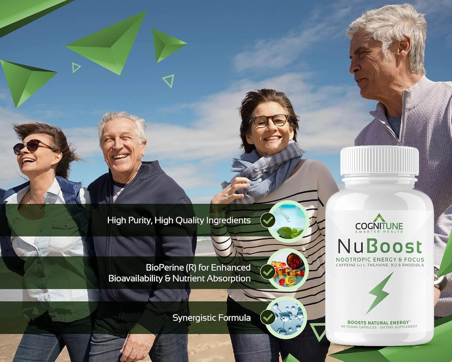 Clean Nootropic Brain Booster - Energy & Focus Supplement with Caffeine, L-Theanine, Vitamin B12, Rhodiola & BioPerine for No Crash, Jitter-Free Performance - 100mg Caffeine Pills