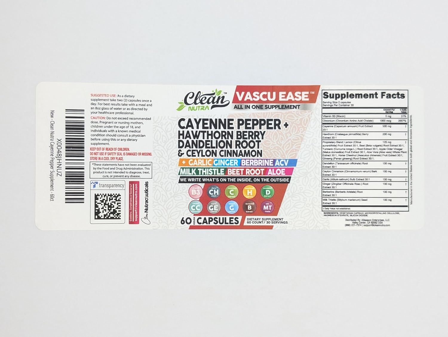 Clean Nutra Cayenne Pepper Supplement with Hawthorn Berry Capsules & More - Nutraceuticals with Dandelion Root, Ceylon Cinnamon, Garlic, Ginger, Berberine, Apple Cider Vinegar, Milk Thistle, Beet Root, Aloe Vera Pills