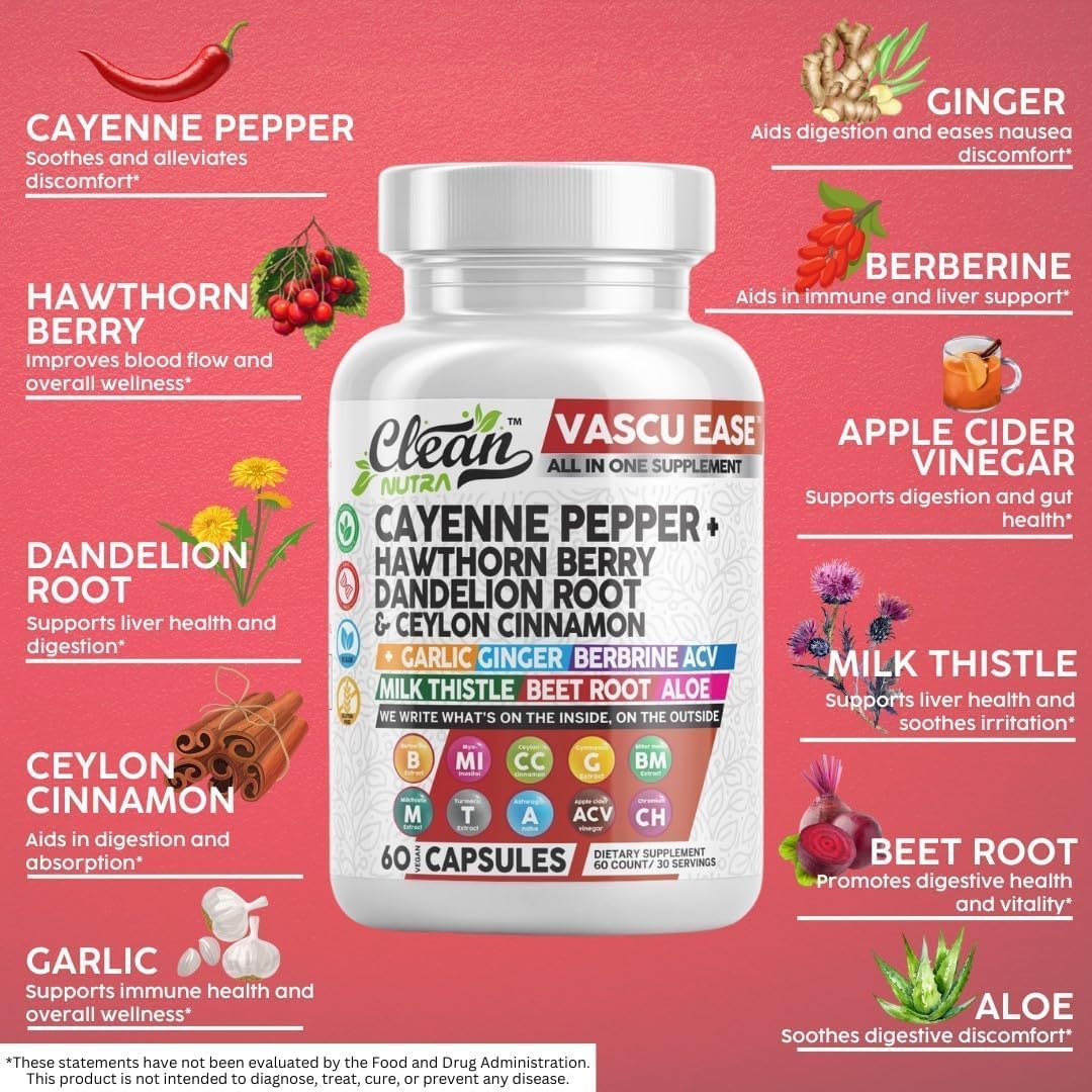 Clean Nutra Cayenne Pepper Supplement with Hawthorn Berry Capsules & More - Nutraceuticals with Dandelion Root, Ceylon Cinnamon, Garlic, Ginger, Berberine, Apple Cider Vinegar, Milk Thistle, Beet Root, Aloe Vera Pills