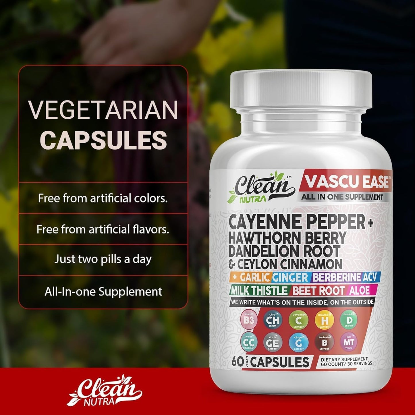 Clean Nutra Cayenne Pepper Supplement with Hawthorn Berry Capsules & More - Nutraceuticals with Dandelion Root, Ceylon Cinnamon, Garlic, Ginger, Berberine, Apple Cider Vinegar, Milk Thistle, Beet Root, Aloe Vera Pills