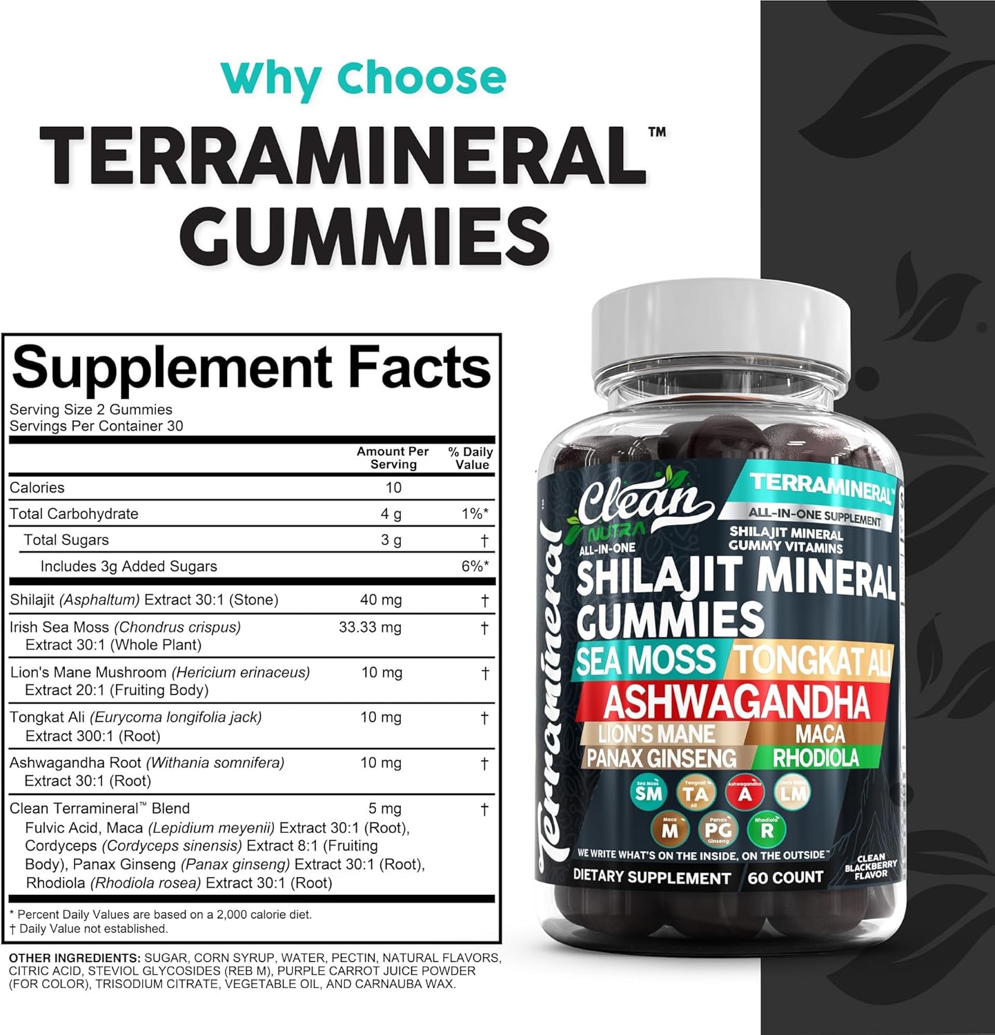 Clean Nutra Terramineral Shilajit Gummies with Sea Moss, Tongkat Ali, Ashwagandha, Lion's Mane, MACA, Ginseng, Rhodiola, & Cordyceps
