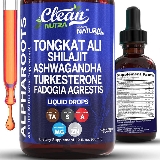 Clean Nutra Tongkat Ali Liquid Drops with Shilajit, Ashwagandha, Turkesterone, Fadogia Agrestis, Magnesium, Sea Moss, and Zinc Herbal Supplement