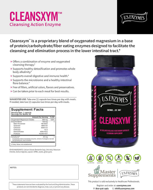 CLEANSXYM 62 Vegetarian Capsules by USAEnzymes - U.S. Enzymes Cleansing Supplement