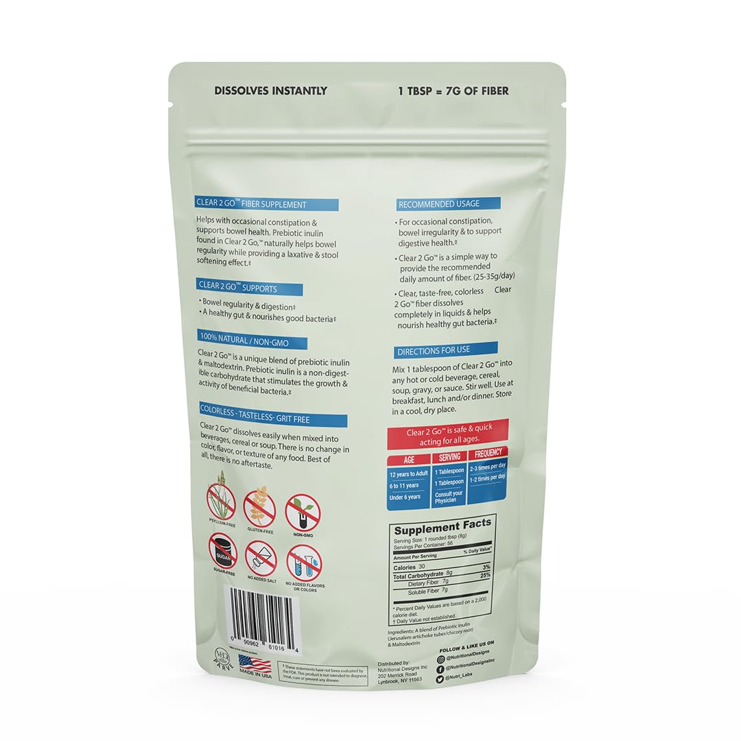 Clear 2 Go Prebiotic Inulin Fiber Supplement - Natural Sugar & Gluten Free for Digestive Health - Easy Powder for Men & Women
