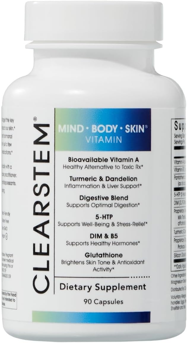 Clear-STEM Hormonal Acne Relief Supplement with 5-HTP & DIM - Natural Skin Care Vitamins for Hormone Balance - Vegan & Gluten-Free - 30 Servings