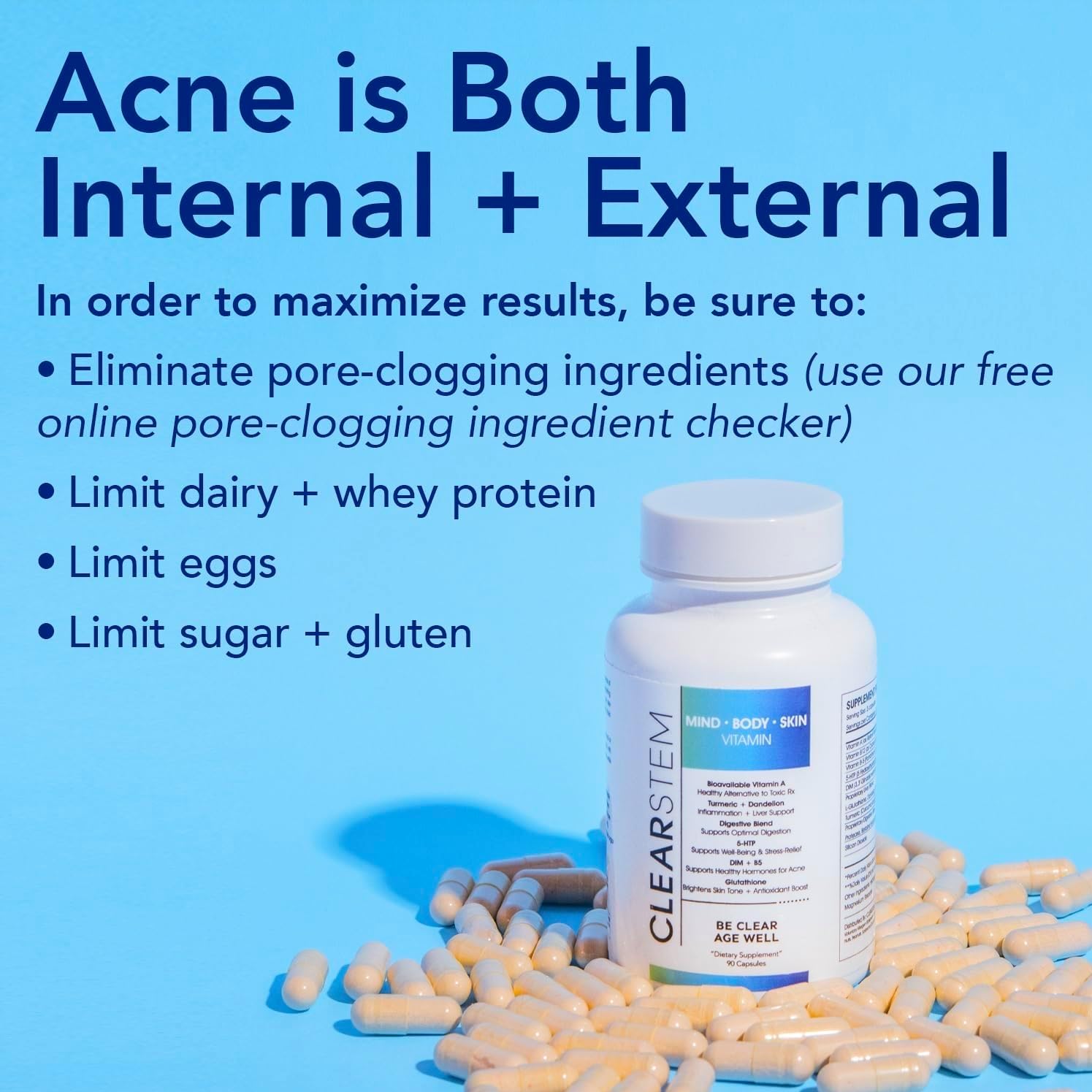 Clear-STEM Hormonal Acne Relief Supplement with 5-HTP & DIM - Natural Skin Care Vitamins for Hormone Balance - Vegan & Gluten-Free - 30 Servings