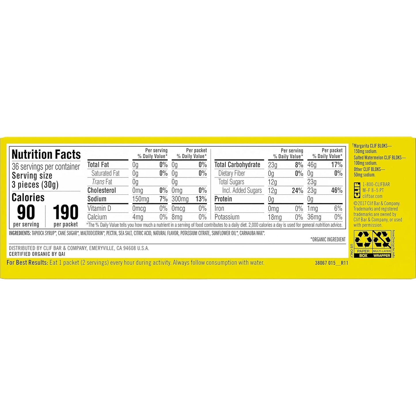 CLIF BLOKS - Margarita Flavor Energy Chews with 3X Sodium - Non-GMO Plant Based Fuel for Cycling and Running - Fast Carbs and Electrolytes - 2.12 oz (18 Count)