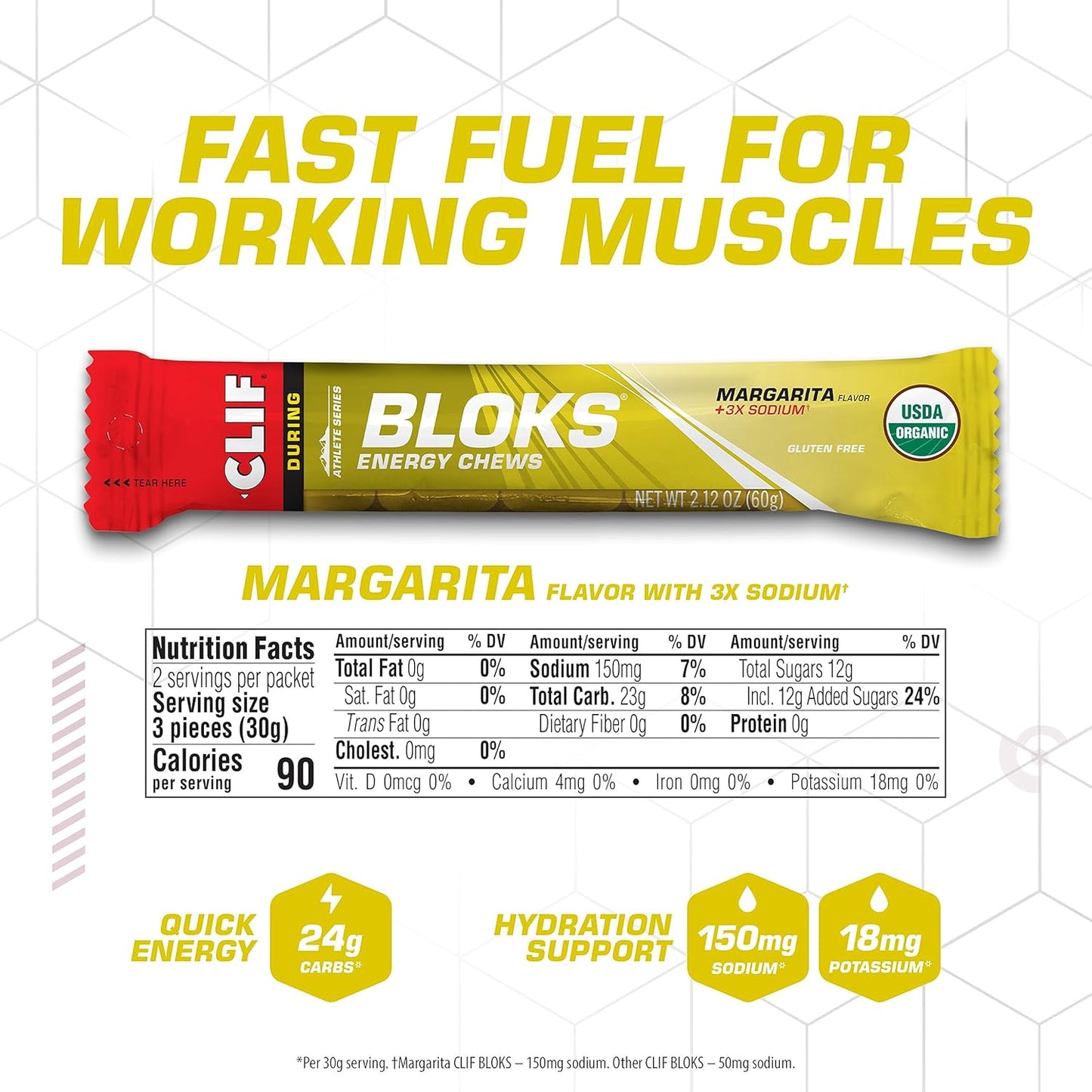 CLIF BLOKS - Margarita Flavor Energy Chews with 3X Sodium - Non-GMO Plant Based Fuel for Cycling and Running - Fast Carbs and Electrolytes - 2.12 oz (18 Count)