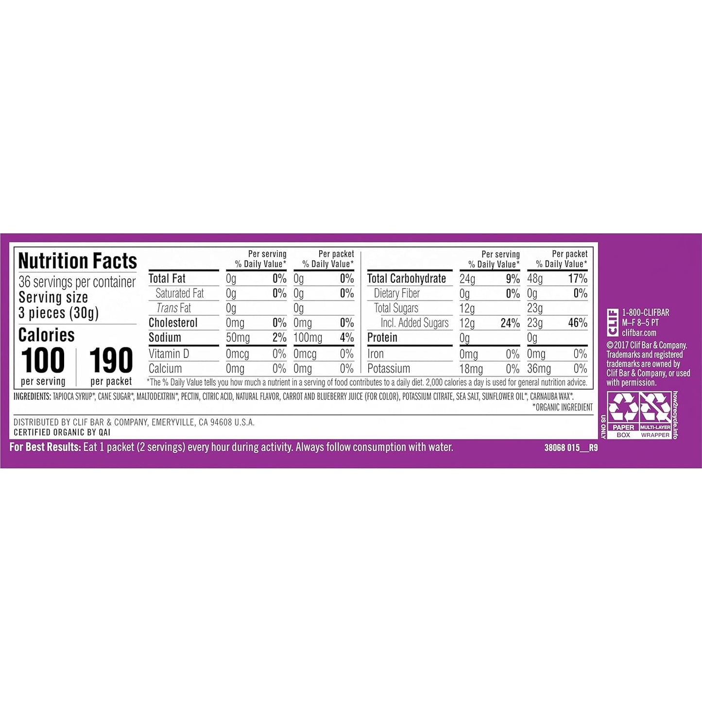 CLIF BLOKS Mountain Berry Energy Chews - Non-GMO Plant Based Fuel for Cycling & Running - Fast Carbs & Electrolytes - 2.12 oz (18 Count)
